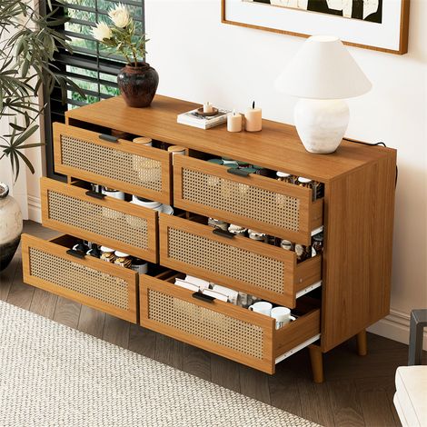 Fortuna Lai – Commode 6 tiroirs 120x76,5x40 cm – Noyer avec poignées métal – Design rétro élégant – Pieds en bois massif pour nettoyage facile (1/5)