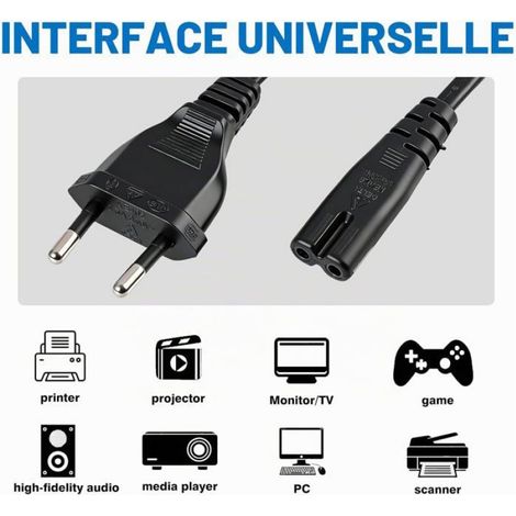 2Pcs Câble D'Alimentation Universel 2 Pôles, 1,5 M Cordon 2 Broches Euro Fiche C7 Figure 8 Pour Tv Blu-Ray Dvd Récepteur, Alimenta (1/4)