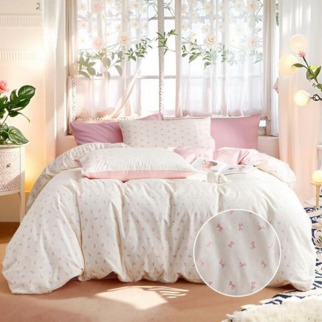 Bettwäsche-Set 155x220cm Baumwolle Beige Rosa mit Schleifenmuster