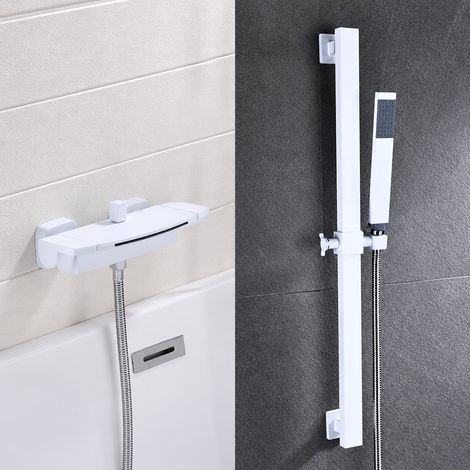 Mitigeur de baignoire cascade mural en laiton et douchette blanc avec barre de douche réglable 4 kg – Livraison gratuite