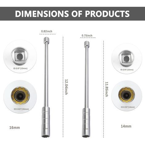 Douille à bougie extensible 14 mm et 16 mm, paroi mince 12 pans, entraînement 3/8". Outil d'extraction compatible avec bougies d'allumage.
