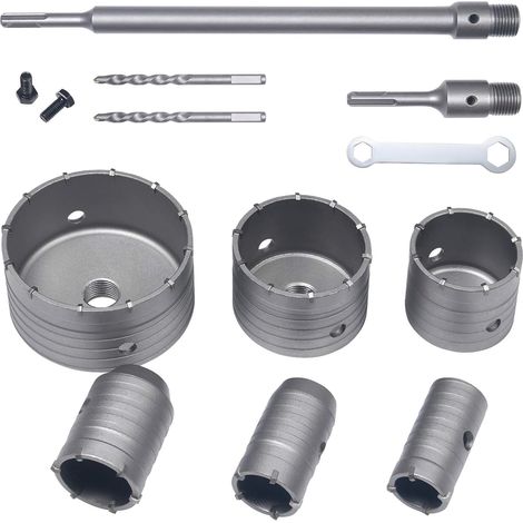 Lochsägenbohrer, Lochsägen-Set, 10-teilig, SDS-Betonbohrer, Verlängerungsstange, Wolframkarbidspitze – Ø 35 mm, 40 mm, 50 mm, 65 mm, 80 mm und 110 mm, hohe Qualität (1/5)