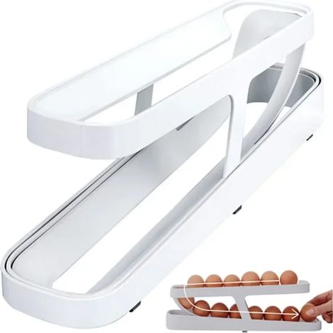 Une boîte de rangement pour œufs avec distributeur d'œufs coulissant automatique, en plastique. (1/5)