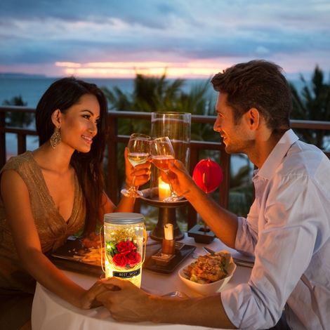 Bouquet artisanal de fleurs séchées rouges, roses éternelles en savon pour Saint-Valentin, bouteille à vœux lumineuse avec boîte blanche, lot de 1. (1/4)