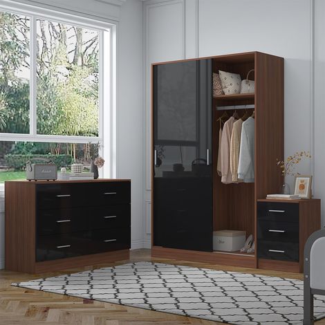 Reflect 2 Door Sliding Wardrobe, 6 Drawer Wide Chest, 3 Drawer Bedside - Black Gloss & Walnut - Modern Bedroom Furniture Set