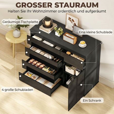 Buffet moderne, commode de rangement avec 5 tiroirs, étagère réglable, porte à fermeture amortie, noir laqué brillant (1/5)