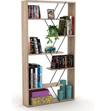 Librería de madera 84x157h cm con estructura metálica y estantes color roble - Tars (1/2)