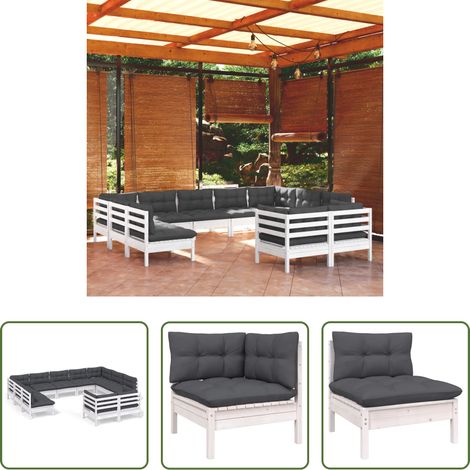Terrassensofa - 11-tlg. Garten-Lounge-Set mit Kissen Weiß Kiefer Massivholz (1/5)