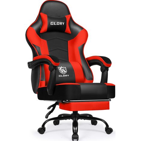 Gaming Stuhl mit Fußstütze – Ergonomischer Gamerstuhl, 170° verstellbar Gaming Chair, höhenverstellbar, mit Lendenkissen & Nackenkissen, belastbar bis 150 kg, Authmic, Rot