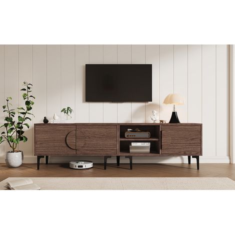 Meuble TV 180 cm noyer foncé avec 3 portes et 2 niches ouvertes sur pieds pour salon (1/5)