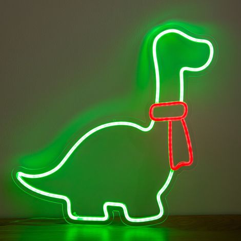 43cm Light up Green & Red Neon Dinosaur Christmas Light with Scarf & Stand (1/5)