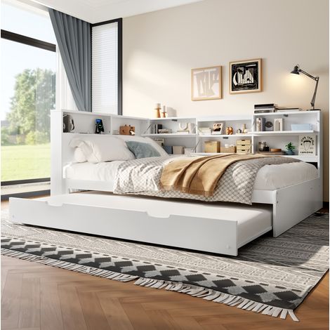 Lit banquette 140x200 cm avec rangement, USB et Type-C, lit gigogne, bois et MDF, blanc (1/5)