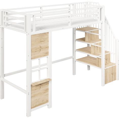 Cama alta infantil 90 x 200 cm de metal y MDF blanco HOMVRA con escalera de almacenaje (1/5)