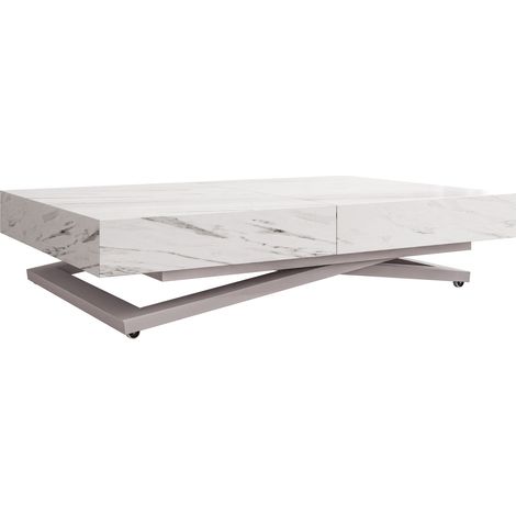 Mesa de centro convertible Oswego 172, Mármol blanco, 27x80x120cm, Diámetro: 0, Aglomerado laminado, Angular