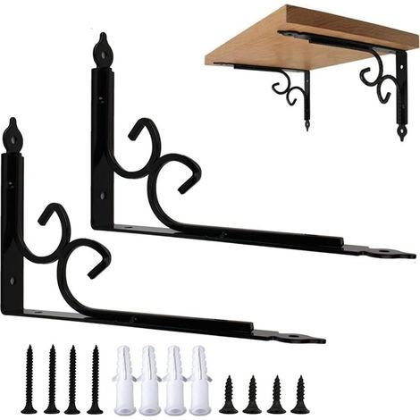 2 Pieces L-Shaped Metal Brackets, Wall Shelf Brackets, for Customizing Wall Mounts, Including Screws and Expansion Tubes, Black (200mm) (1/5)