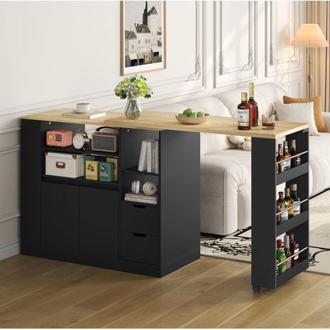 Isla de cocina FloraGrace 115 x 50 x 92 cm, MDF negro y madera natural, extensible (1/5)