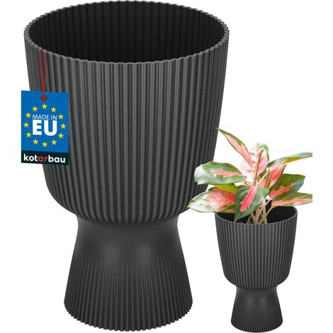 KOTARBAU® Pot de Fleur Ø 14 cm - Pot de Fleur Interieur - PVC - Pot de Fleur Exterieur - Pot pour Plante avec Socle - Nervuré - Forme de Coupe - H: 21 cm - Noir (1/4)