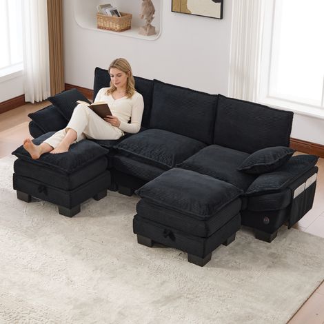 Canapé modulaire 3 places en velours côtelé avec 2 tabourets,siège large ergonomique,mousse haute densité,port USB-C et poches latérales,noir. (1/5)