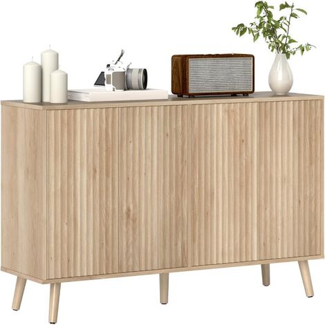Wohnzimmer-Sideboard, Aufbewahrungsmöbel mit 4 geriffelten, druckdämpfenden Türen, 120 x 35 x 77,5 cm, Eiche