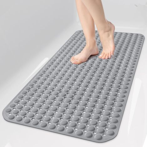 Tapis De Bain Anti-dérapant - En TPE Souple Avec Ventouses Et Trous D'évacuation - Pour Baignoire Et Douche - 28x16 Pouces - Gris (1/5)