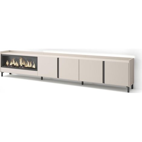 Skraut Home - Meuble TV, Banc Télé, Grand espace de Rangement, 315x35x61cm, Pour les TV jusqu'à 80", Cheminée électrique XXL, Design industriel, LED, Style moderne, Beige (1/5)