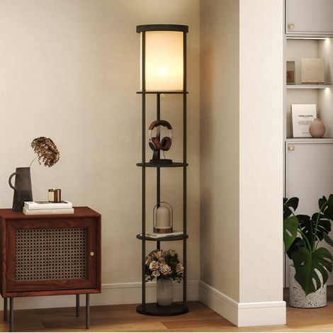 Lampada da terra 29x29x158 cm con 3 ripiani, telecomando, dimmer, legno e metallo nero (1/5)