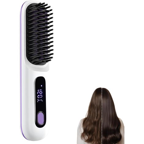Brosse lissante sans fil avec poils en céramique, rechargeable pour un lissage et un volume précis, idéale pour les femmes et les voyages (blanc) (1/5)