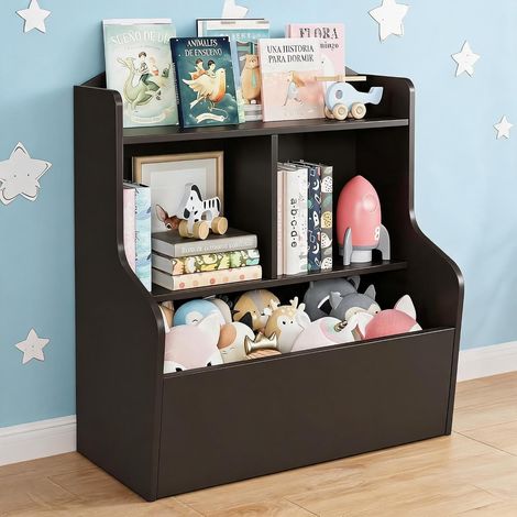 Bibliothèque Enfant 3 Niveaux avec Bac à Jouets Incliné, Étagère de Rangement MDF Marron Foncé, Meuble Autonomie pour Chambre et Salle de Jeux (1/5)