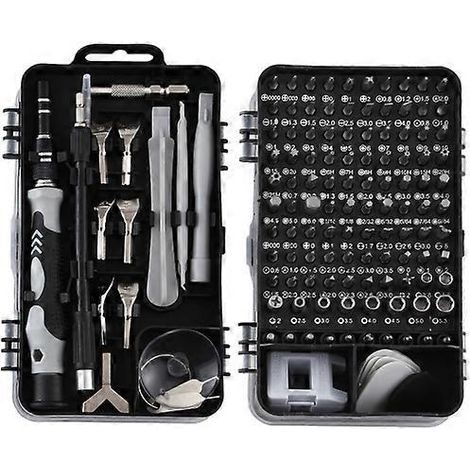 Kit d'outils multifonctions 135 en 1 pour le démontage de téléphones portables, la réparation d'horloges et le tournevis (noir et gris).