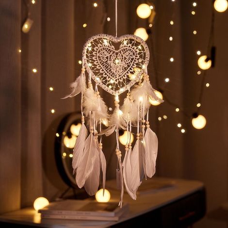 Attrape de Rêves LED, Faite Main Capteur de Rêves en Plumes Lumineux Dream Catcher pour Chambre Maison Décoration Tenture Murale Mobile Decoratif Filles Enfants Cadeau Blanc (1/5)