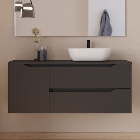 Meuble de salle de bain 120cm avec plateau et vasque à poser déportée à droite Zeus - sans miroir - 2 tiroirs et un placard - noir - ZARZA