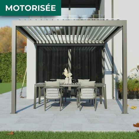 Pergola Bioclimatique Adossée Motorisée Éclairée Aluminium 3x3 Gris SV ORIAL France (1/4)