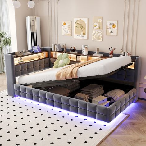 Canapé-lit multifonction 90x200cm, lit coffre avec hydraulique, bande LED, prises USB et Type-C, étagères, velours, gris foncé (1/5)