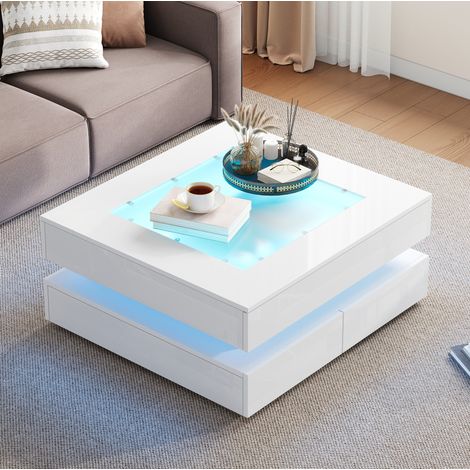 Tavolino LED 70x70x35 cm in vetro e pannelli di legno bianco con contenitore FloraGrace (1/5)