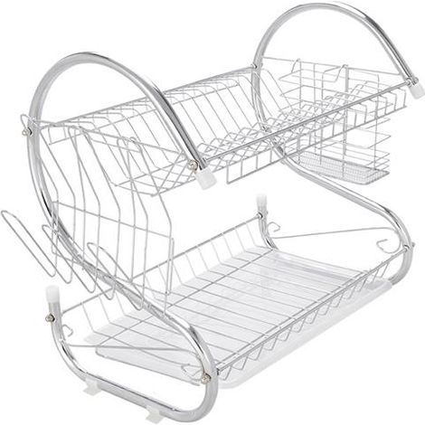 Kitchen Dish Drying Holder, 2 Tier Stainless Steel Bowl Cup Drain Drying Rack with Utensil Knife Holder-Silver (1/5)