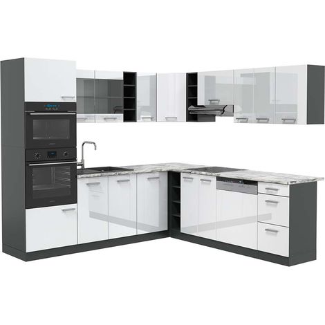 Eckküche R-Line, Weiß Hochglanz/Anthrazit, 237 x 247 cm , AP Marmor, Vicco