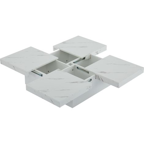 Table basse carrée blanche avec plateau effet marbre 90 x 90 x 25 cm et 4 tiroirs coulissants (1/5)