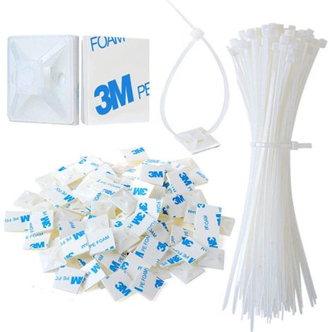 Cable Tie Set, Carivent 100 PCS Cable Ties White Cable Ties with Adhesive Mounts Cable Ties Base Holders for Computer Electrical Wire Plant Garage Garden 2020 (1/5)