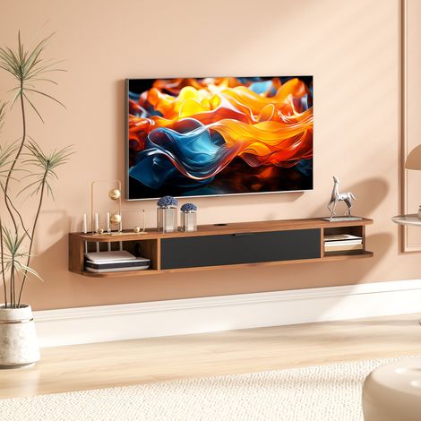 Meuble TV Suspendu, Meuble Télé pour Téléviseur jusqu'à 60 Pouces, Tiroir Rabattable, 2 Étagères, 140x24x16cm, Noyer (1/5)