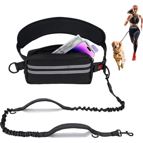 Laisse Canicross Chien, Jogging Mains Libres pour Chiens avec Ceinture et Sac Banane détachable, Anti Traction Harnais avec Couture Réfléchissante, Élastique 1,45-2m pour Course à Pied, Marche (1/5)
