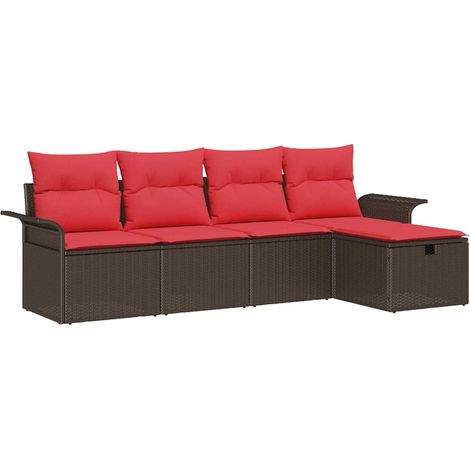 Garden Sofa Set with Cushion 5 pcs Brown and Red Poly Rattan vidaXL