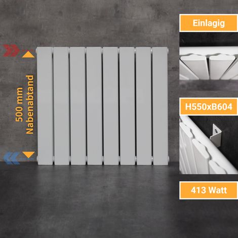 WITEN&NOCK Designheizkörper Austauschheizkörper mit seitlichen Anschlüssen NA 500 mm Flachheizkörper weiß 413 Watt Einlagig 550x604 mm (1/5)