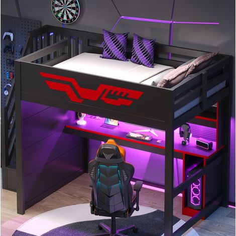 Letto a soppalco gaming 140x200 cm nero e rosso in MDF e compensato con scrivania, LED e USB (1/5)