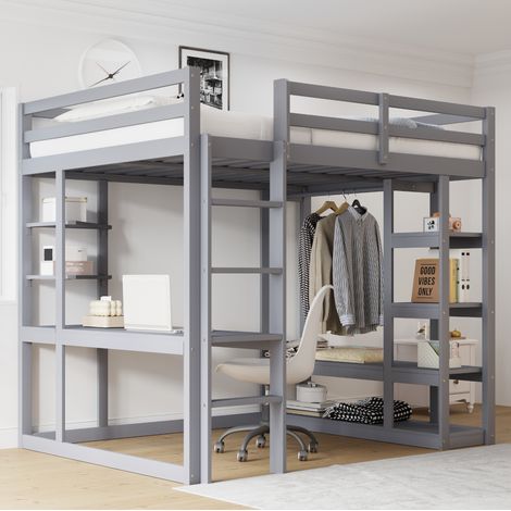 DESVIAE Lit mezzanine 140 x 200 cm avec bureau étagères penderie et échelle en bois gris (1/5)