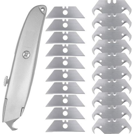 Universal Knife Set with 20 Blades (10 Trapezoid + 10 Hooks) - Ergonomic Aluminium Cutter for Carpet, PVC, Roofing and Cardboard - Automatic Locking System (1/5)