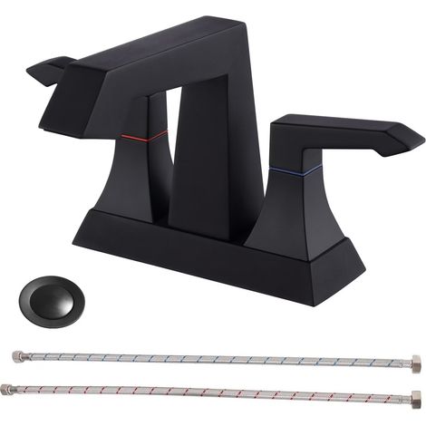 Robinet de salle de bain noir mat de 10 cm (4 po), à deux poignées, montage sur plage, avec bonde escamotable. (1/5)