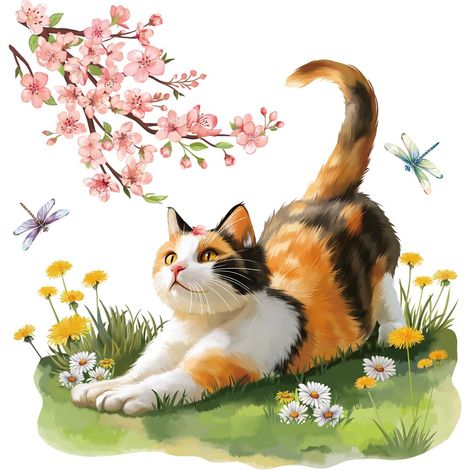 Stickers Muraux Chat Calicot Fleurs de Cerisier Décoration Nature Pâquerette Libellules Autocollant Mural pour Salon Chambre ou Chambre Enfants (1/5)