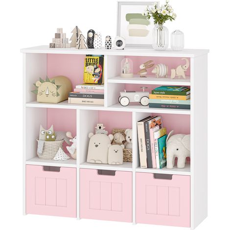 GARVEE -Bibliothèque Enfant 3 Tiroirs 6 Compartiments Blanc 100x33x89cm - Meuble à Jouets et Rangement pour Chambre(Rose) (1/5)