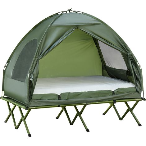 Set campeggio per 2 persone con letto rialzato, tenda a cupola e materasso gonfiabile verde (1/5)