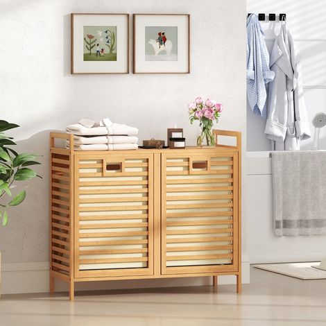 Panier à Linge à Double Tri-linge en Bambou de 75 L avec 2 Paniers Amovibles Étagère Supérieure Poignées Armoire à Linge Naturel (1/2)